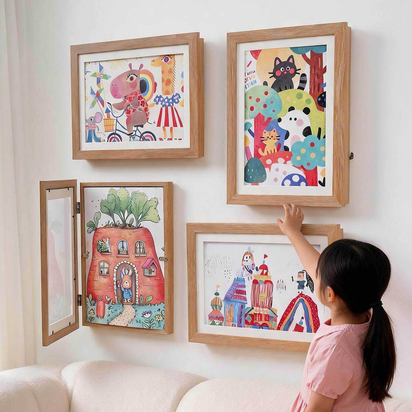 儿童画收纳相框展示两用儿童房装饰画挂墙木相框组合磁吸翻盖画框