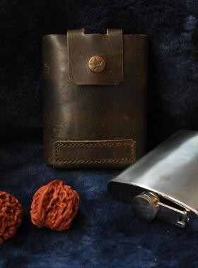 手工缝制军绿色真皮疯马皮男士随身便携酒壶7盎司不锈钢酒壶196ml