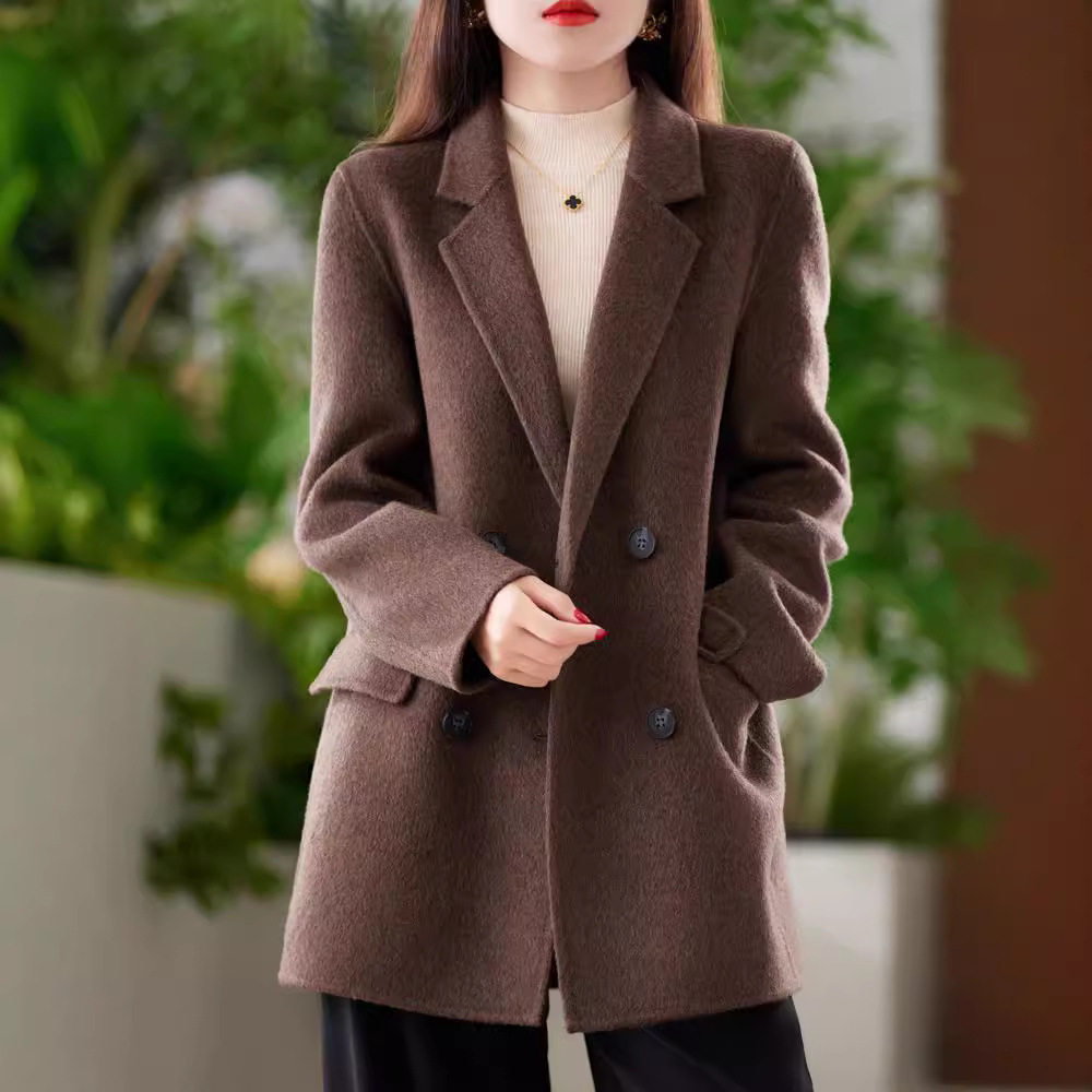 双面牦牛绒大衣女秋冬新款西装宽松慵懒小个子韩版羊毛呢外套通勤