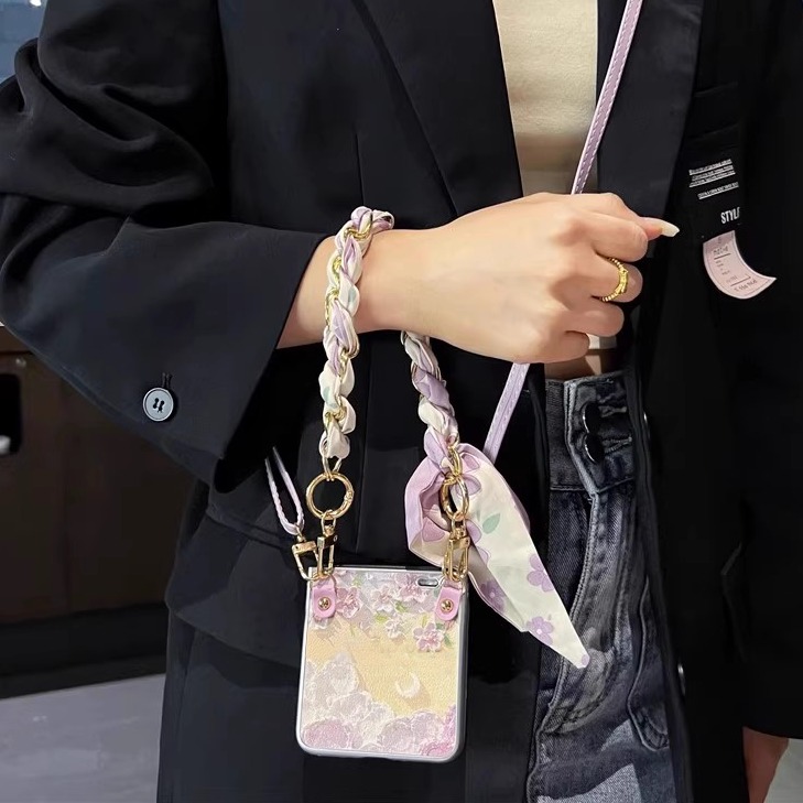 适用于荣耀Magic VFlip折叠屏手机壳斜挎挂绳magicvflip油画花皮翻盖pocket2丝巾手提防摔novaflip高级保护套