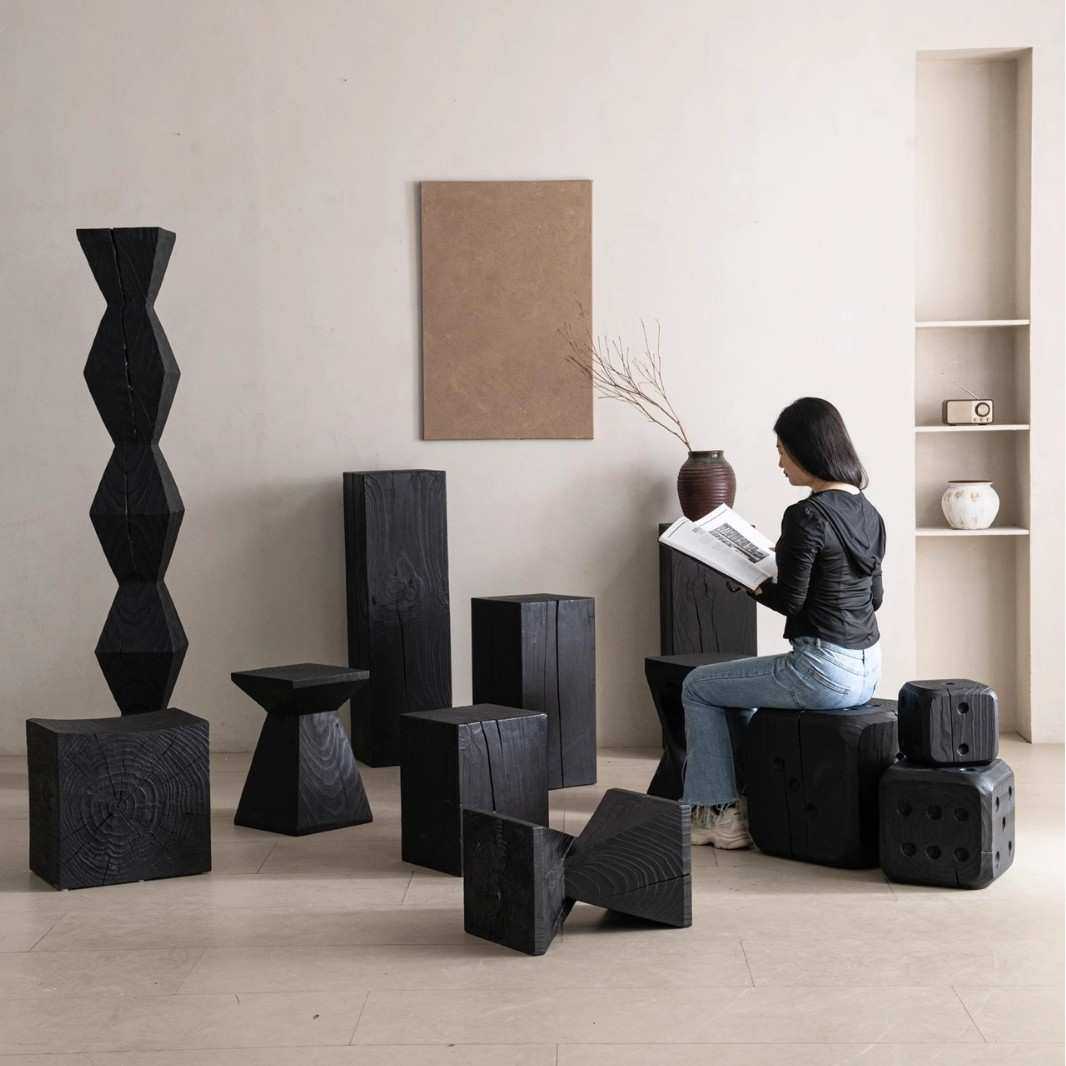 侘寂风碳化实木墩日式边几茶几设计师款原木矮凳民宿酒店创意摆件,机械设备,其他机械设备,淘宝优惠券,粉丝福利购,淘宝优惠卷