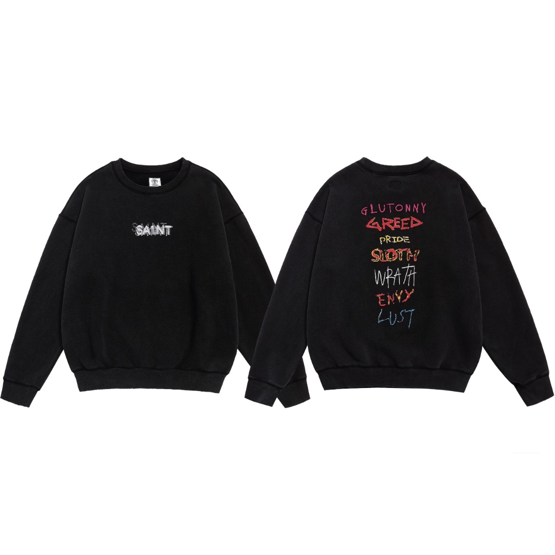 SAINT OF MICHAEL新款美式复古圆领套头宽松加绒做旧洗水长袖卫衣