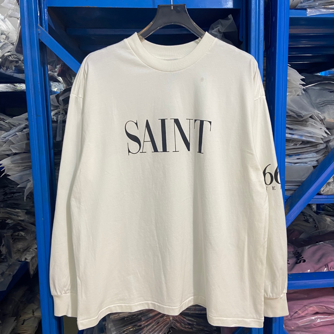 美潮Saint Michael胸前字母复古印花做旧长袖宽松圆领T恤打底衫