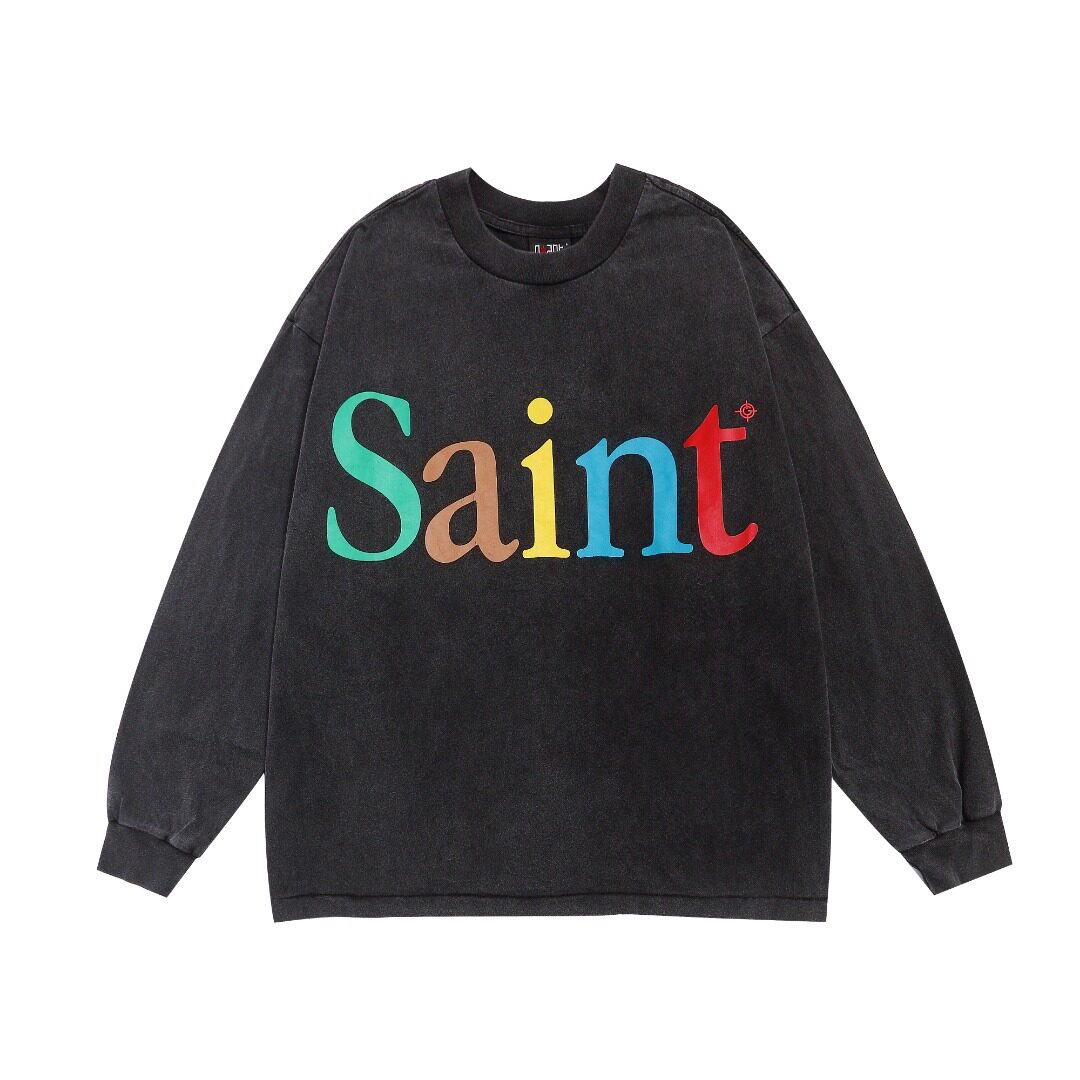Saint Michael美式彩虹印字母花水洗做旧宽松长袖宽松打底长袖T恤