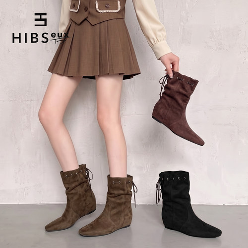秋季复古绒面方头内增高弹力女靴
