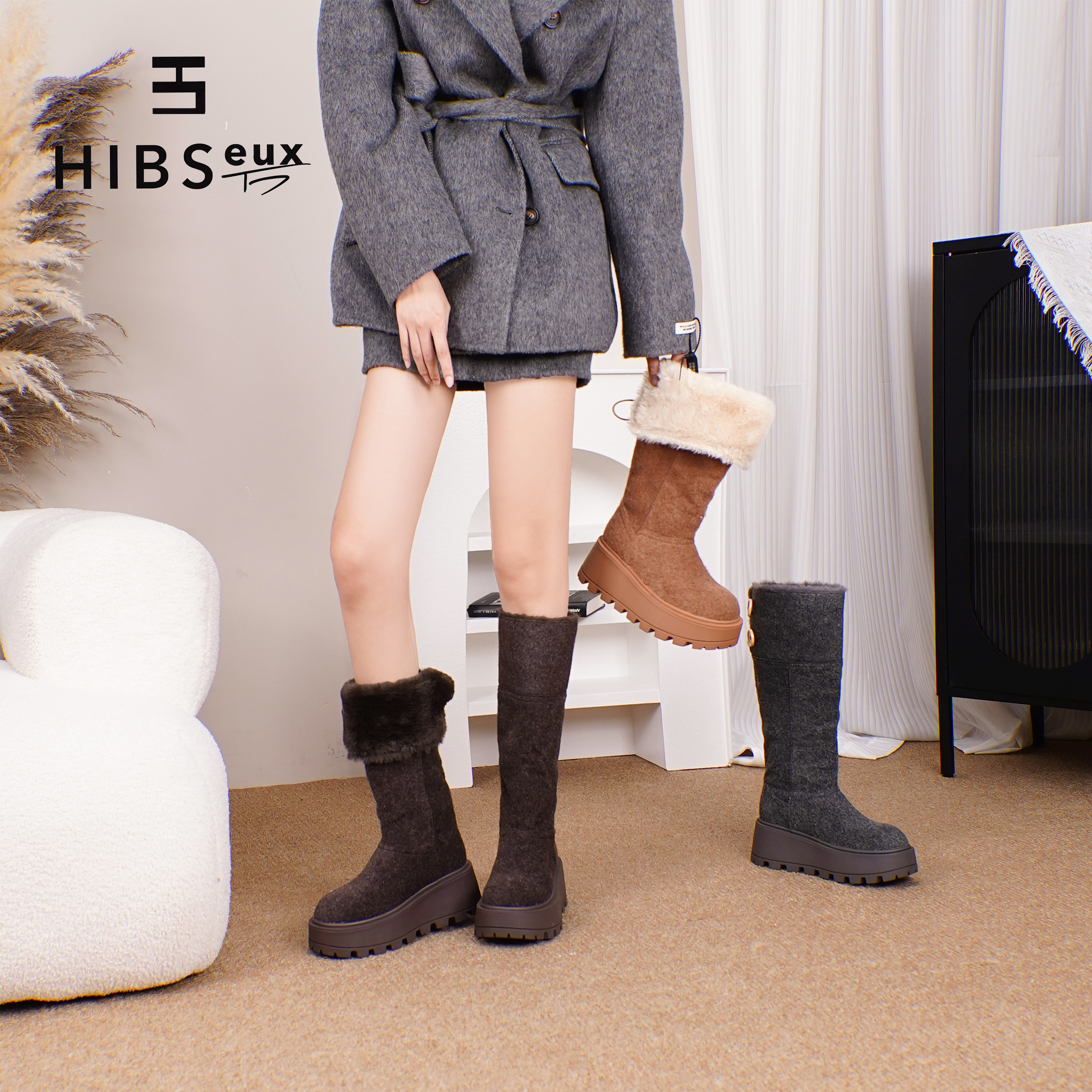 槿奢毛呢长筒百搭加绒加厚雪地靴