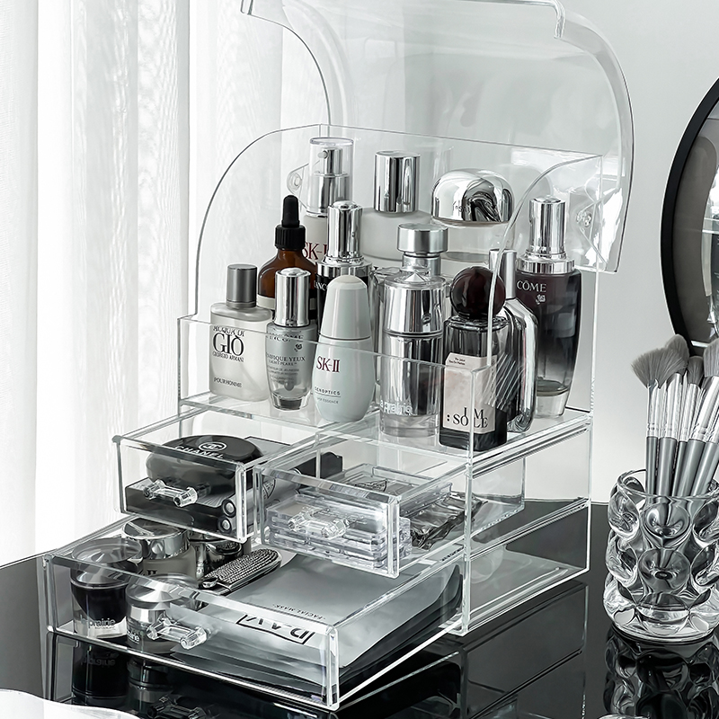 梳妆台化妆品收纳盒桌面护肤品置物架家用L透明亚克力防尘口红箱