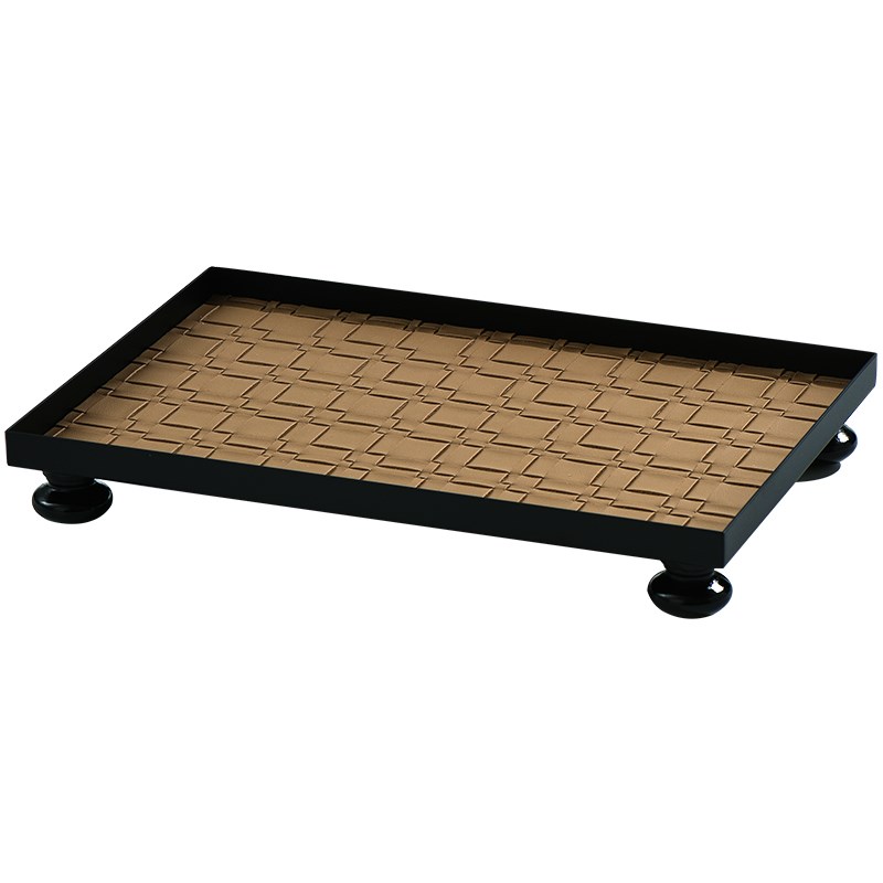 小西家轻奢风木脚编织纹皮革铁艺长E方盘桌面收纳盘玄关装饰摆盘