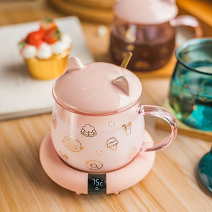 墨绿色玻璃暖暖杯55℃度恒温杯垫D家用加热牛奶水杯保温神器可控