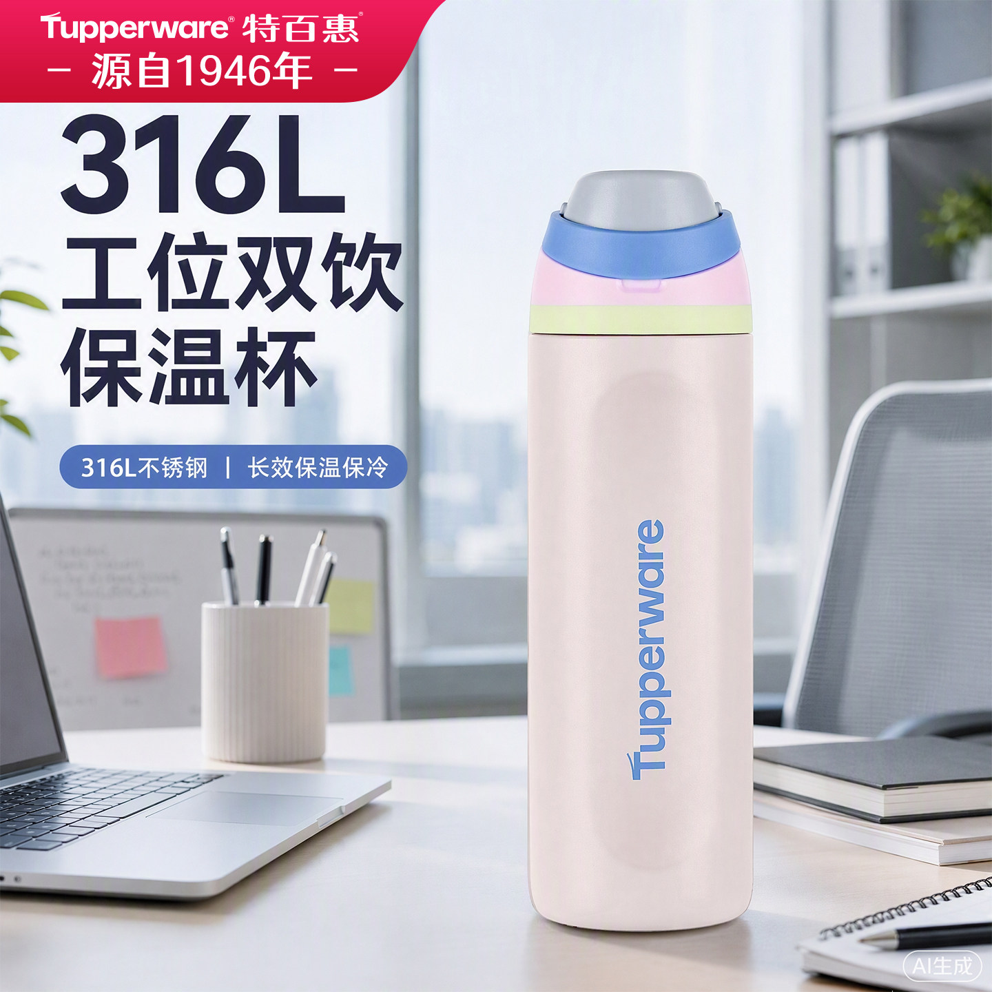 特百惠316L保冷保温杯2026新款水杯便携杯子办公通勤吸管杯高颜值