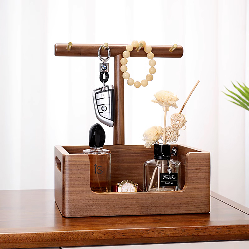 入户玄关a钥匙收纳摆件实木胡桃木置物架口罩化妆品首饰收纳盒桌