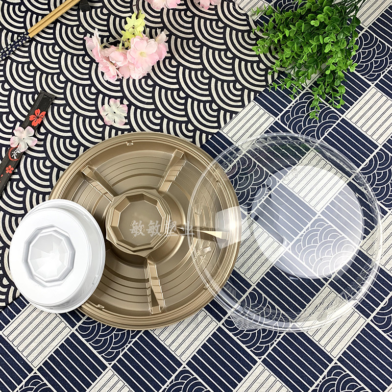 双层寿司刺身圆盘打包盒海鲜拼盘小吃K外卖套餐两层带格包装盒