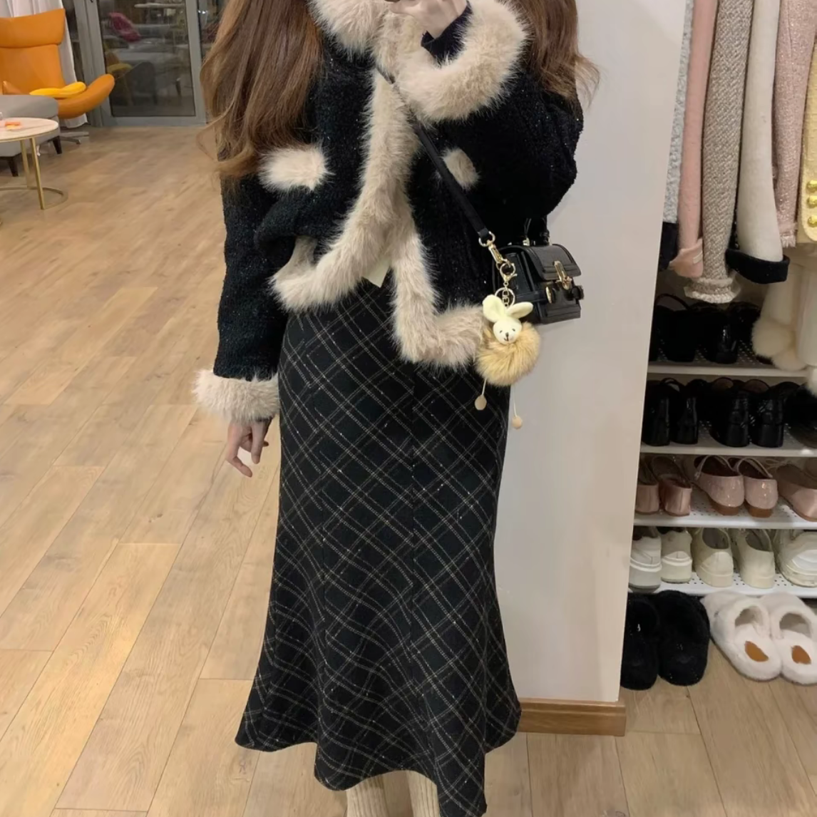 韩系高级感复古小香风加棉毛毛外套格子毛呢鱼尾半身裙气质套装