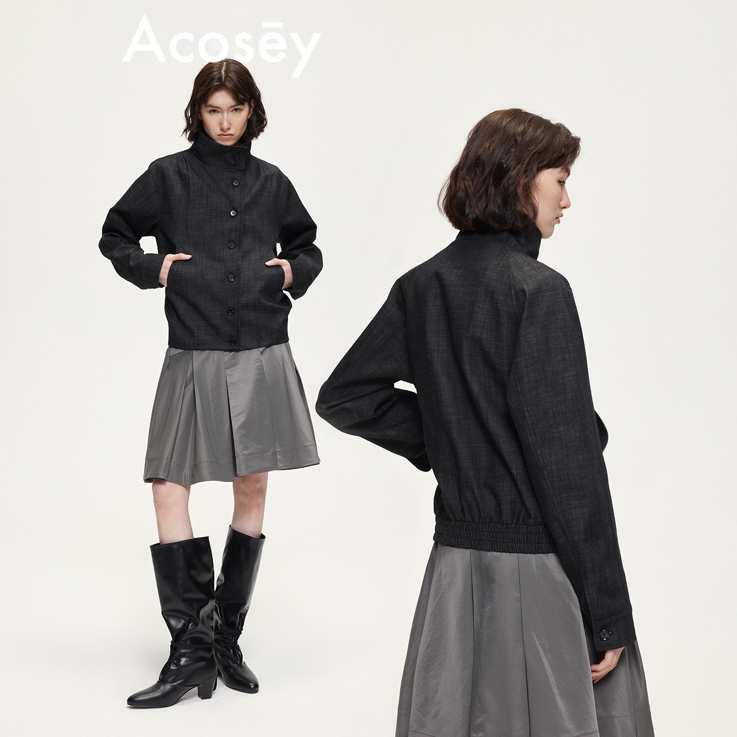 ACOSEY 原创设计斜纹牛仔宽松廓形收腰天然牛角扣立领夹克外套图片