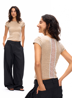 ACOSEY 25SS 天丝羊毛花纱拼接后背镂空蕾丝修身上衣短袖T恤