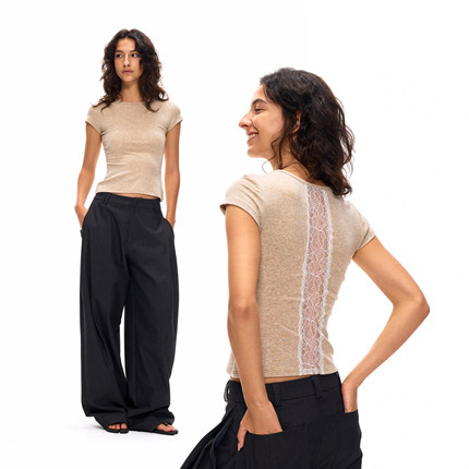 ACOSEY 25SS 天丝羊毛花纱拼接后背镂空蕾丝修身上衣短袖T恤