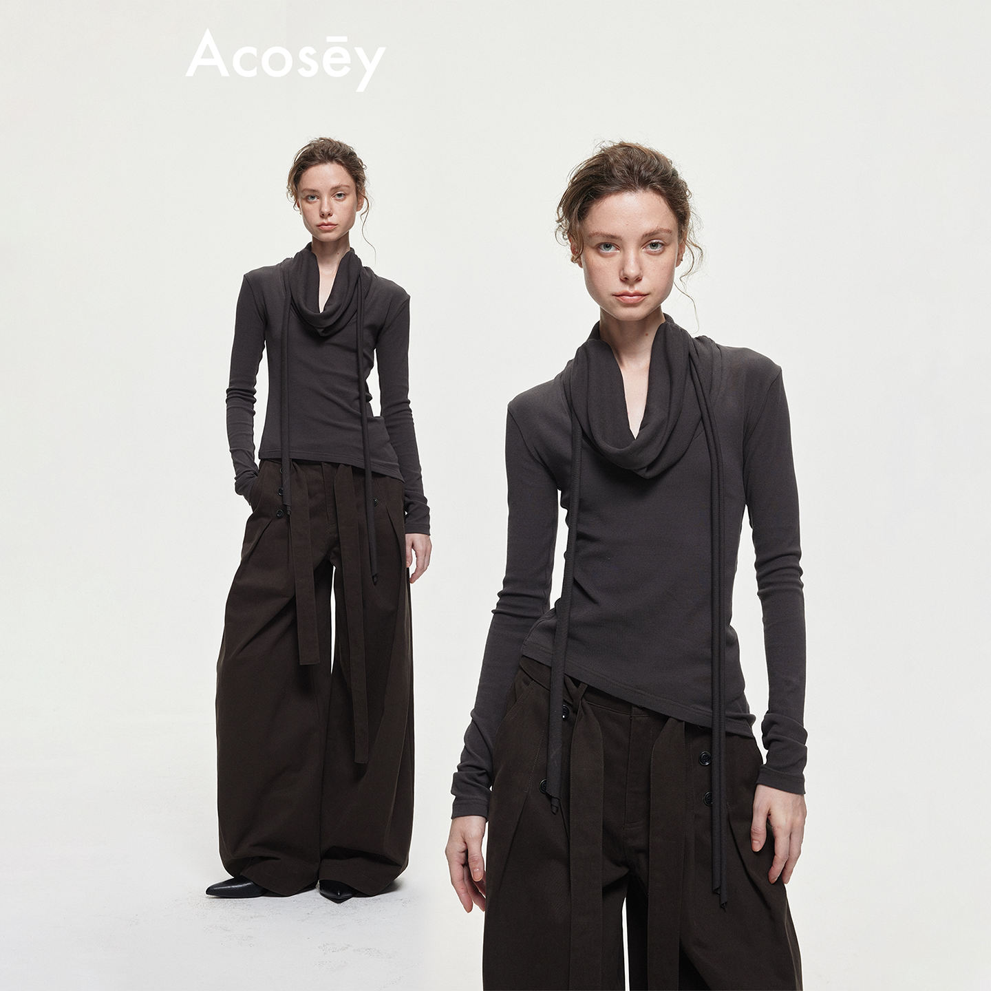 ACOSEY 棉氨混纺荡领细长飘带不规则下摆修身针织长袖上衣图片