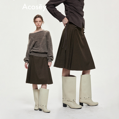 ACOSEY 羊毛混纺双排扣侧边百褶半身裙