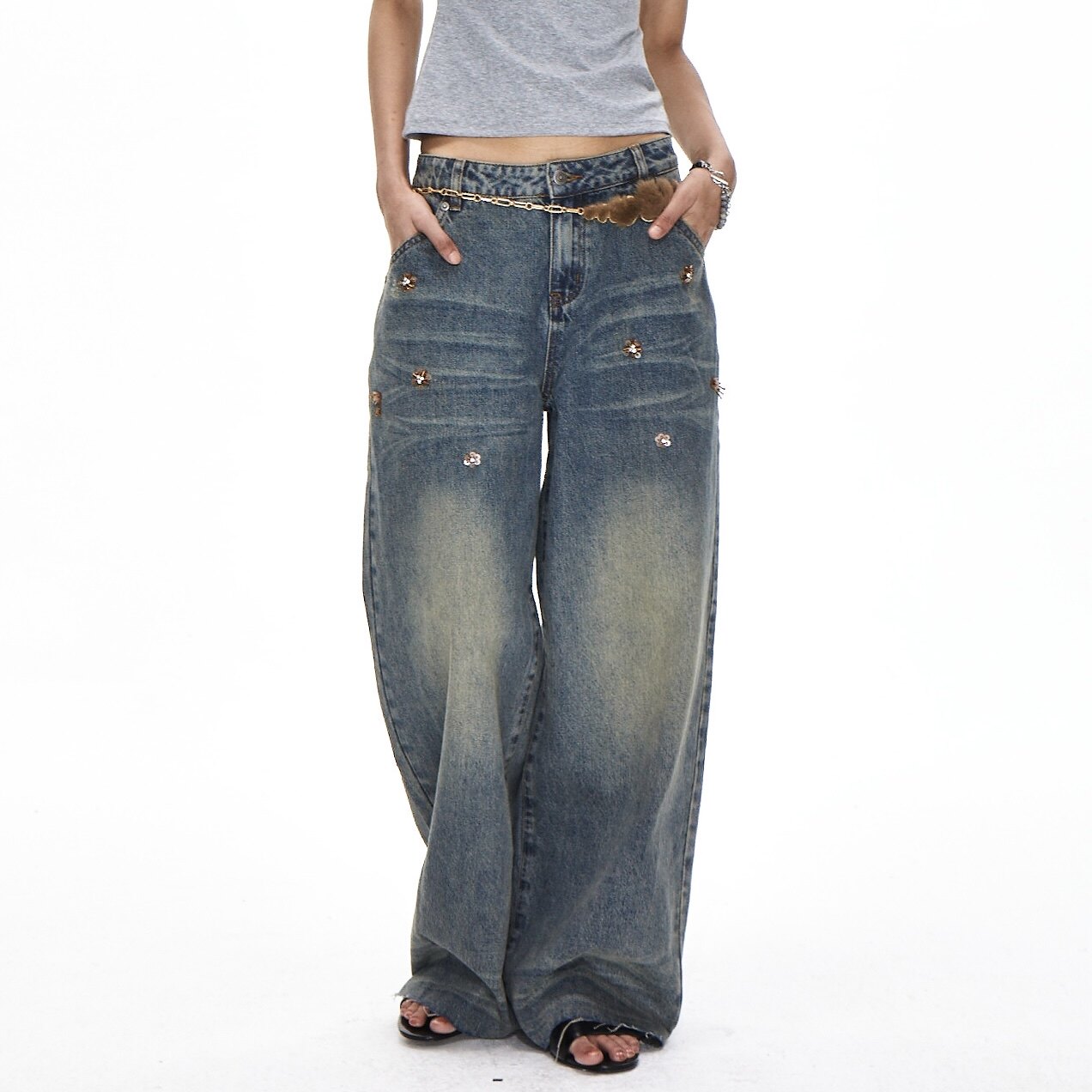 ACOSEY 24AW立体花饰做旧复古毛边阔腿湛蓝牛仔裤