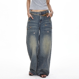 ACOSEY 24AW立体花饰做旧复古毛边阔腿湛蓝牛仔裤