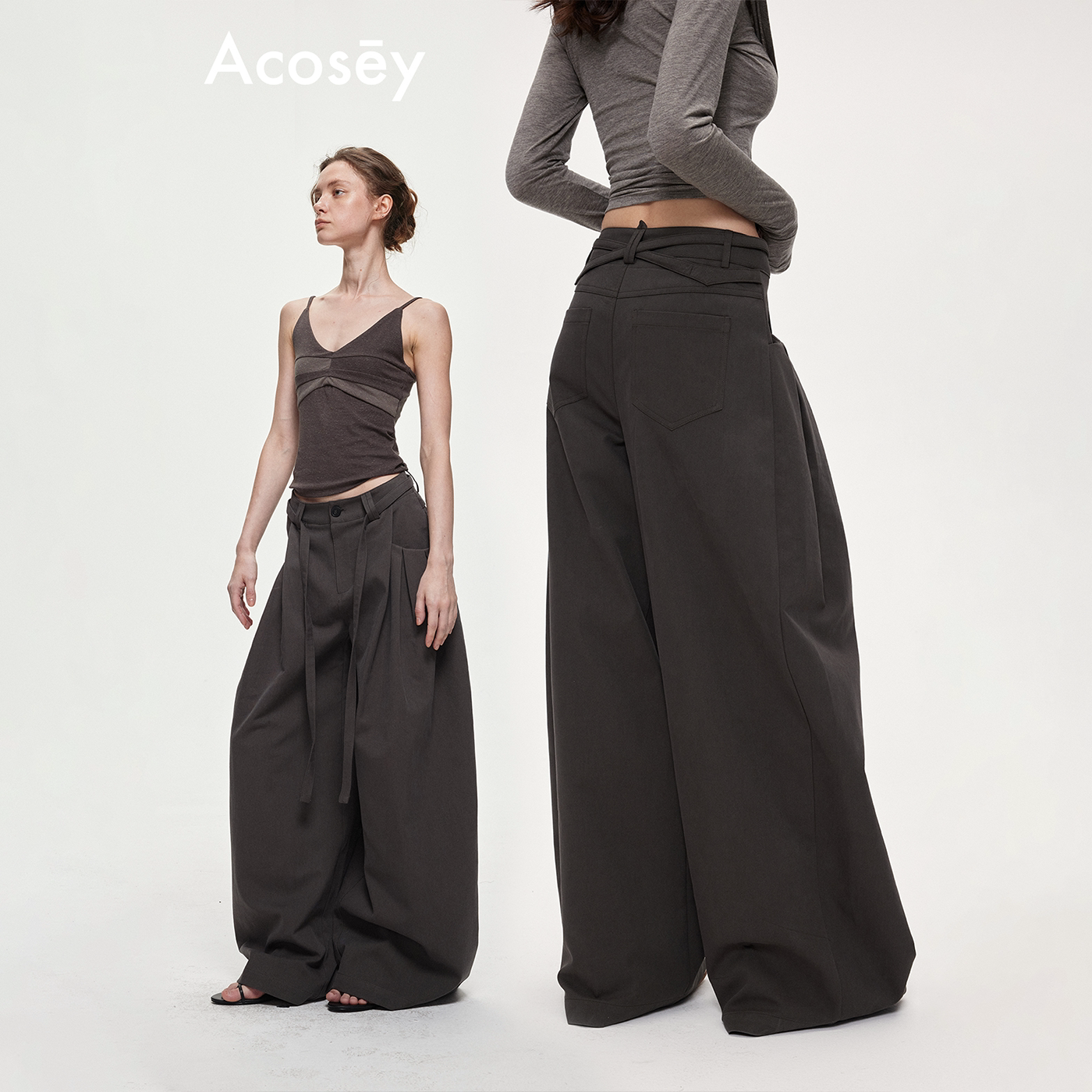 ACOSEY 25FW 设计感腰部系绳口袋打褶宽松休闲阔腿直筒长裤图片