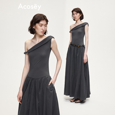 ACOSEY 原创设计莱赛尔羊毛扭结斜肩拼接压褶连衣裙长裙