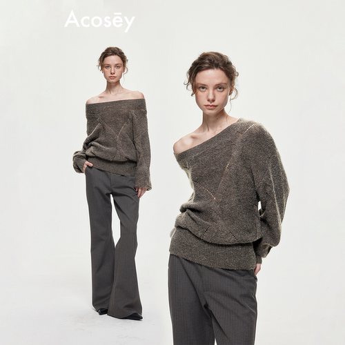 ACOSEY 羊驼毛混纺斜肩一字肩多穿设计感宽松毛衣