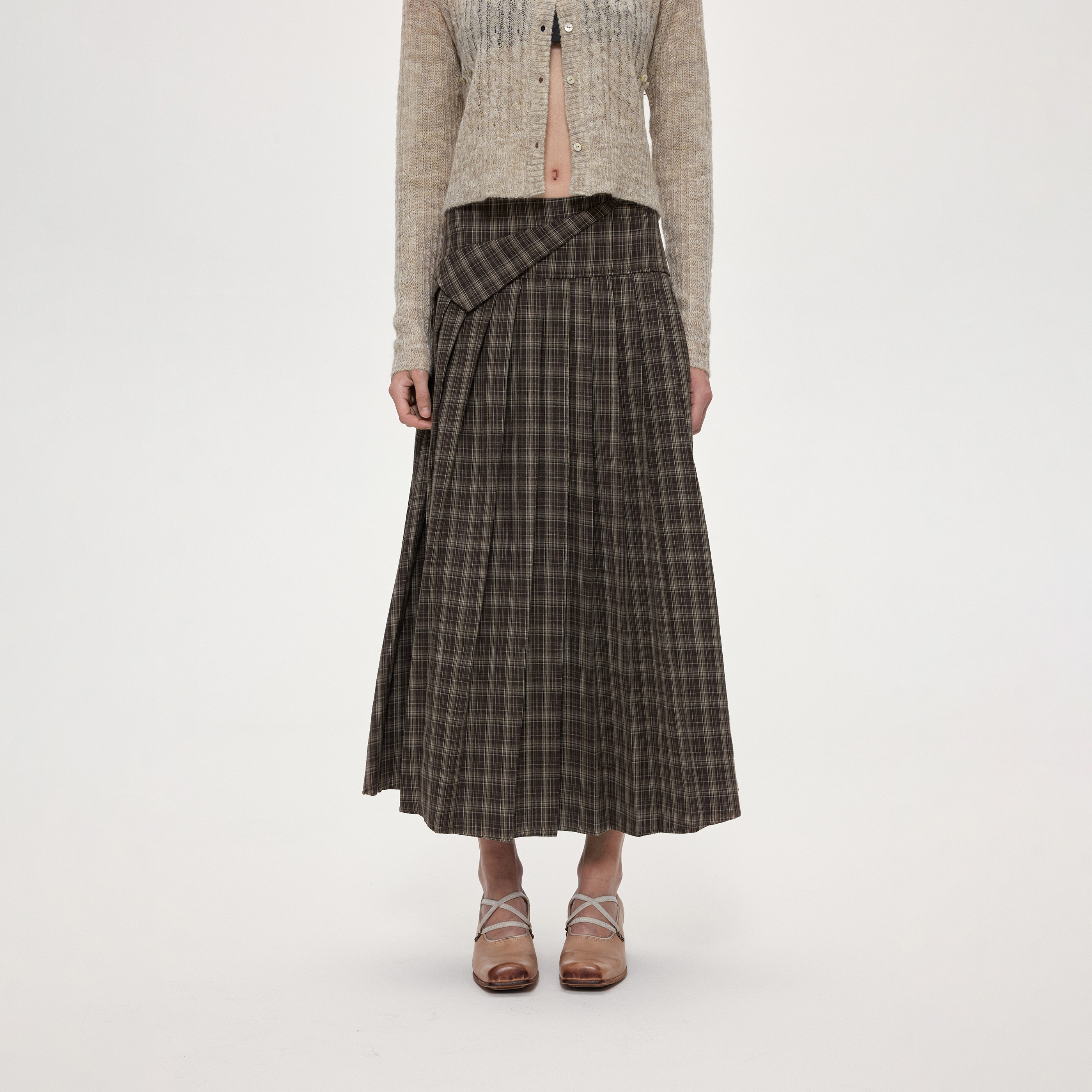 ACOSEY 25FW 100%全棉复古设计感经典棕色格纹百褶半裙长裙