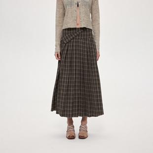 棕色格纹百褶半裙长裙 100%全棉复古设计感经典 ACOSEY 25FW