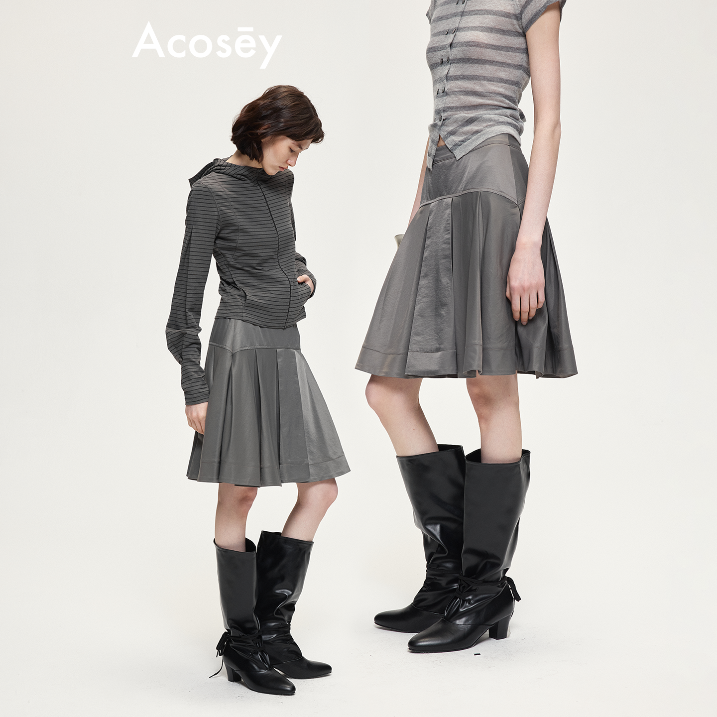ACOSEY 原创设计柔雾灰铜氨天丝宽边A字短裙半裙
