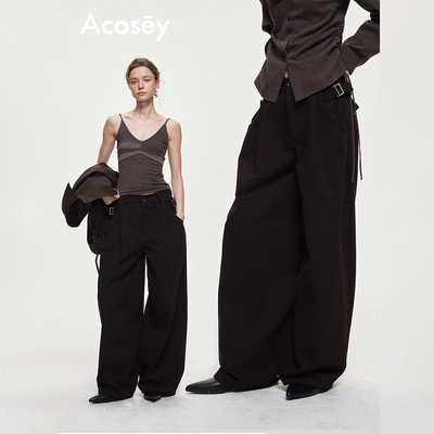 ACOSEY 质感棉混纺抗皱双侧日字扣立体廓形裤