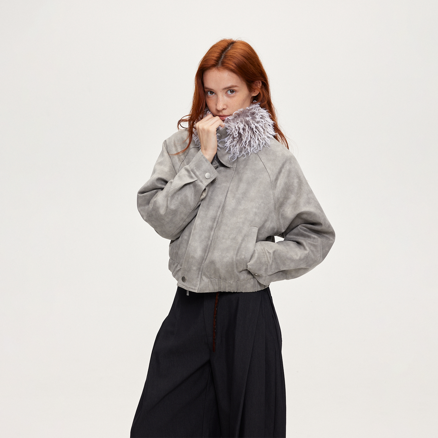 ACOSEY 设计感砂洗浅灰色麂皮可拆卸毛领廓形棉服夹克上衣外套