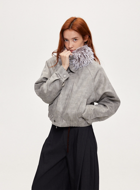 ACOSEY 设计感砂洗浅灰色麂皮毛领廓形棉服夹克上衣外套