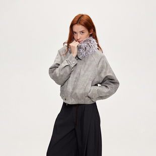 ACOSEY 设计感砂洗浅灰色麂皮毛领廓形棉服夹克上衣外套