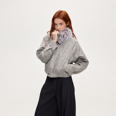 ACOSEY 设计感砂洗浅灰色麂皮毛领廓形棉服夹克上衣外套