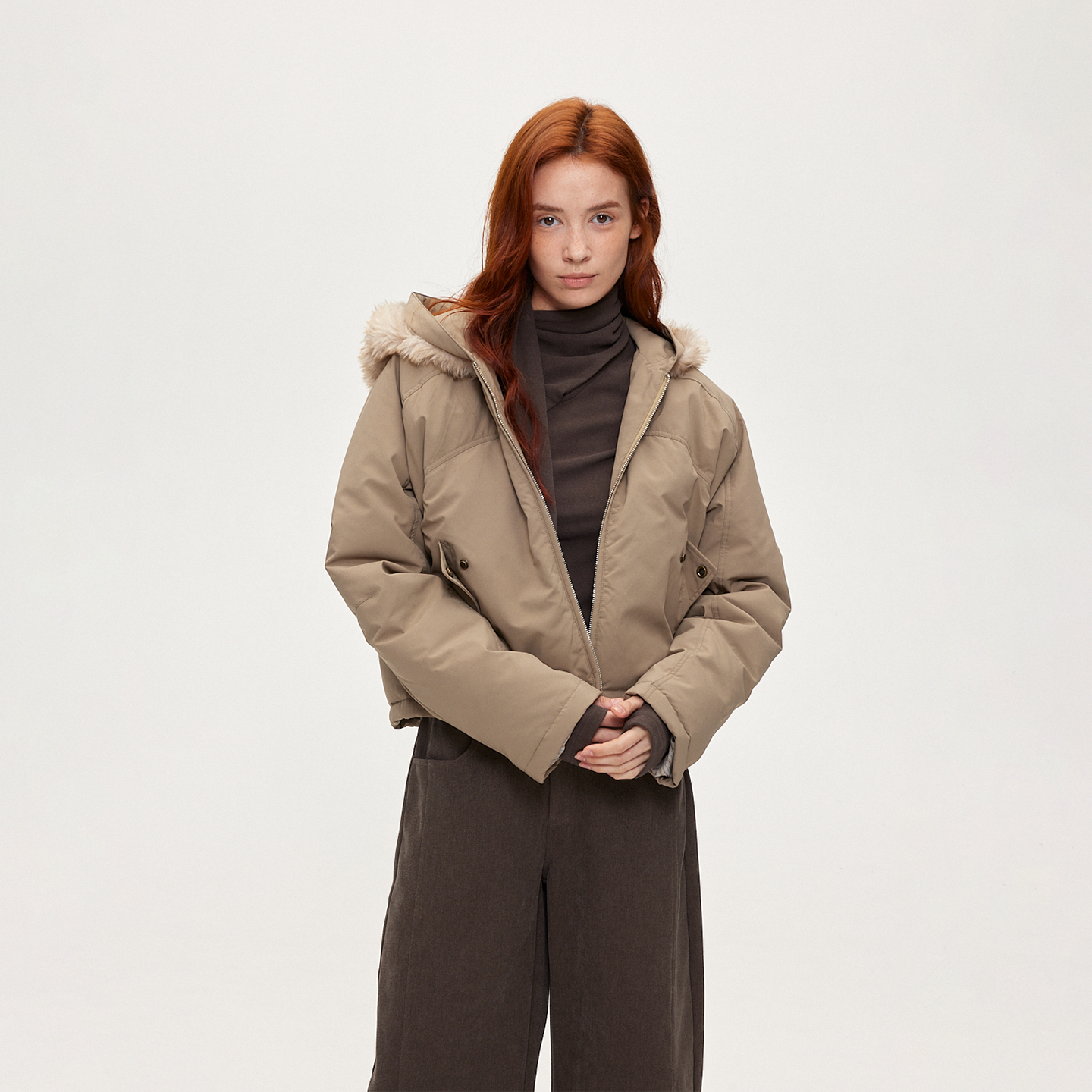 ACOSEY 设计感90白鸭绒环保皮草拼接毛领白鸭绒羽绒服外套