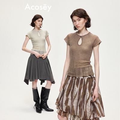 ACOSEY 设计感马海毛羊毛插肩镂空设计毛织上衣