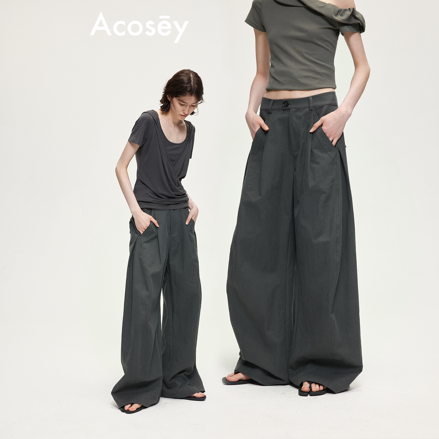 ACOSEY 设计感天丝棉立体压褶可调节腰天然果实扣裤子