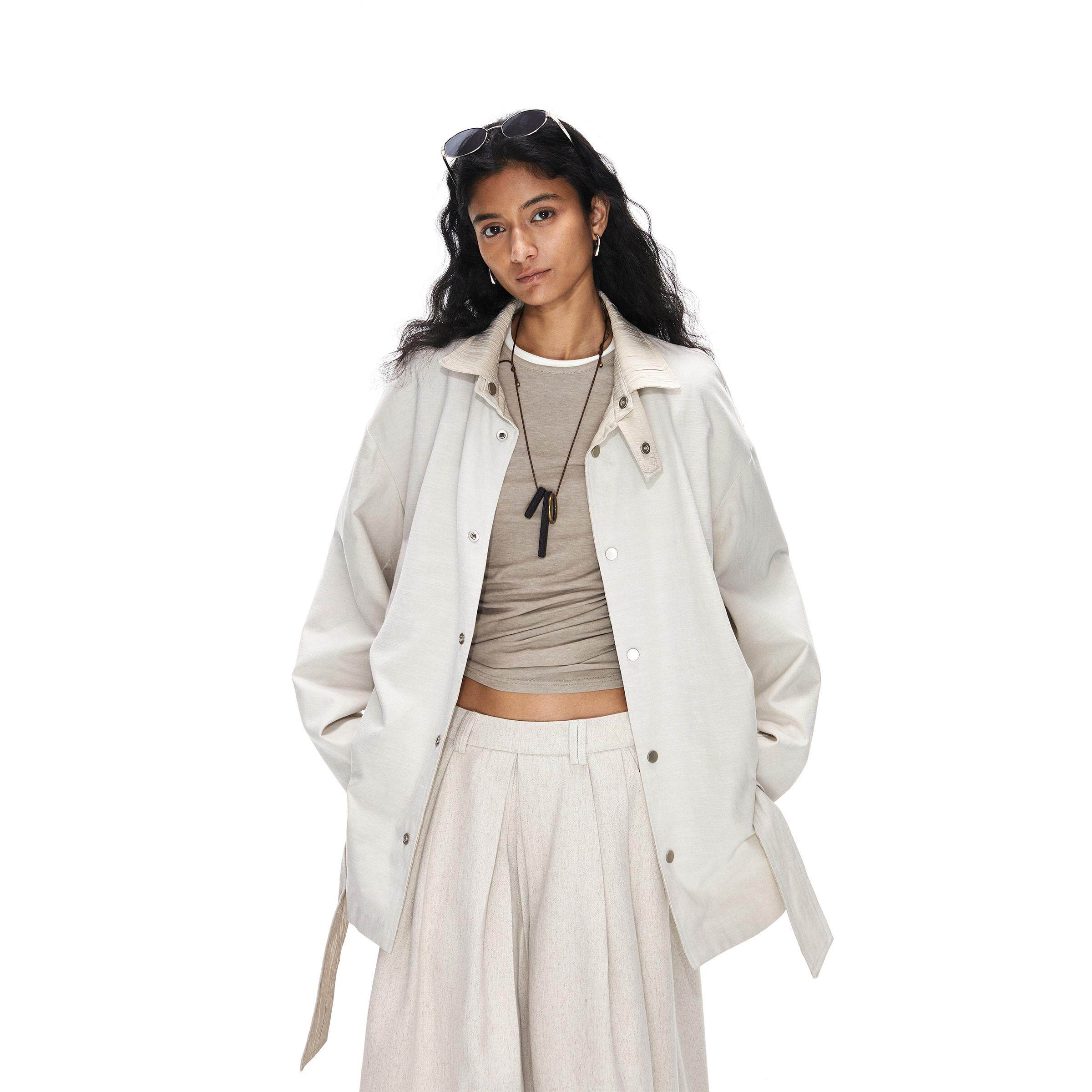 竹节天丝麻拼接休闲风衣