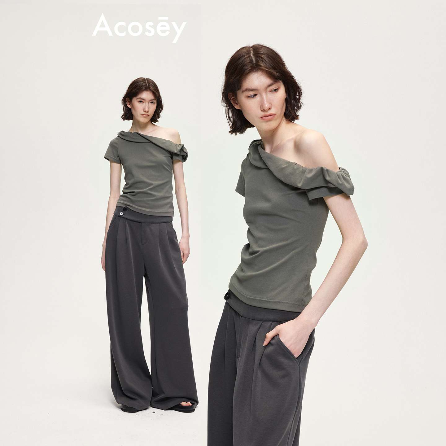 ACOSEY 原创设计感卷边斜肩修身短款T恤上衣图片