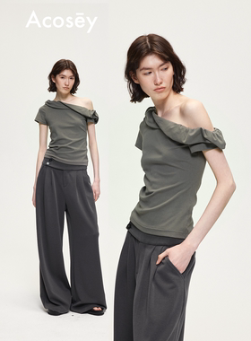 ACOSEY 原创设计感卷边斜肩修身短款T恤上衣