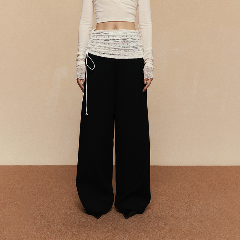 ACOSEY 24AW假两件中低腰阔腿蕾丝贴边拼接腰头直筒阔腿裤