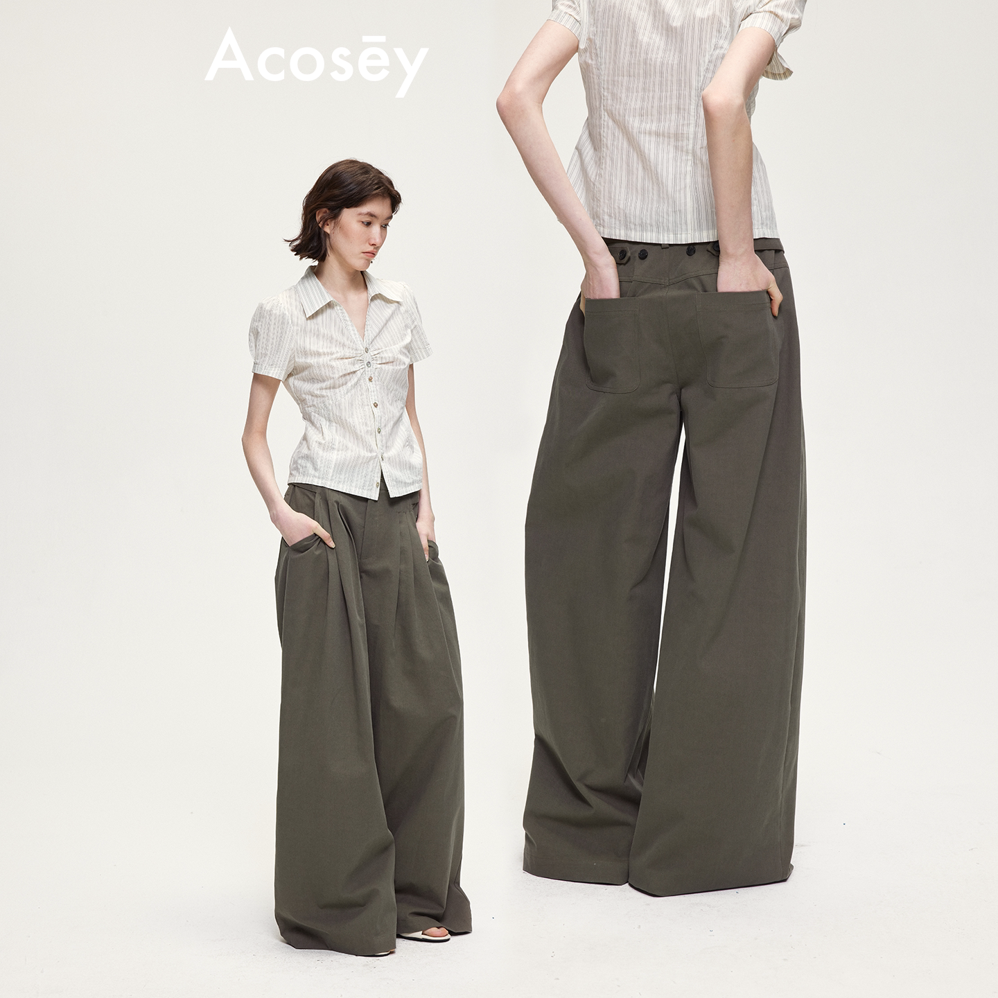 ACOSEY 设计感压褶设计可调节天然果实扣直筒休闲长裤图片