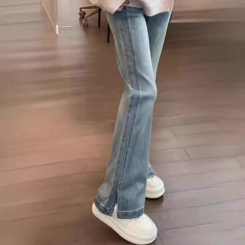 浅蓝色开叉微喇牛仔裤女2026春季新款大码胖mm高腰弹力喇叭拖地裤