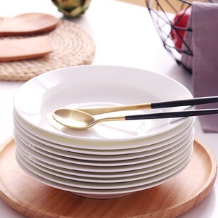 盘子10只装菜汤盘套q装家用陶瓷烧菜菜盘骨瓷深口白色深盘菜碟碟