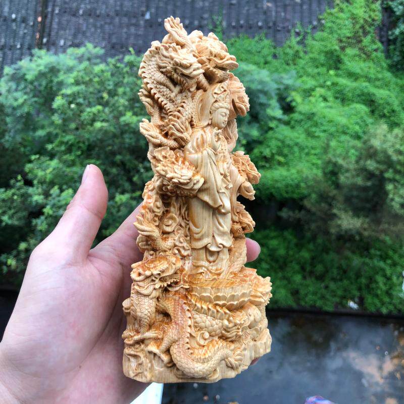 崖柏黄杨木雕刻九龙龙观音御龙菩萨人物神像摆件家居佛.堂供奉饰