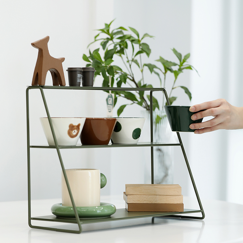 三层阶梯置物架 ins风桌面收纳架 铁艺杯子展示架V 墨绿色整理架