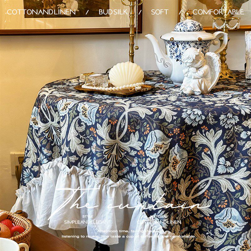 美式乡村复古棉布印花长方形桌布茶几餐桌布防尘台布Y荷叶边盖布