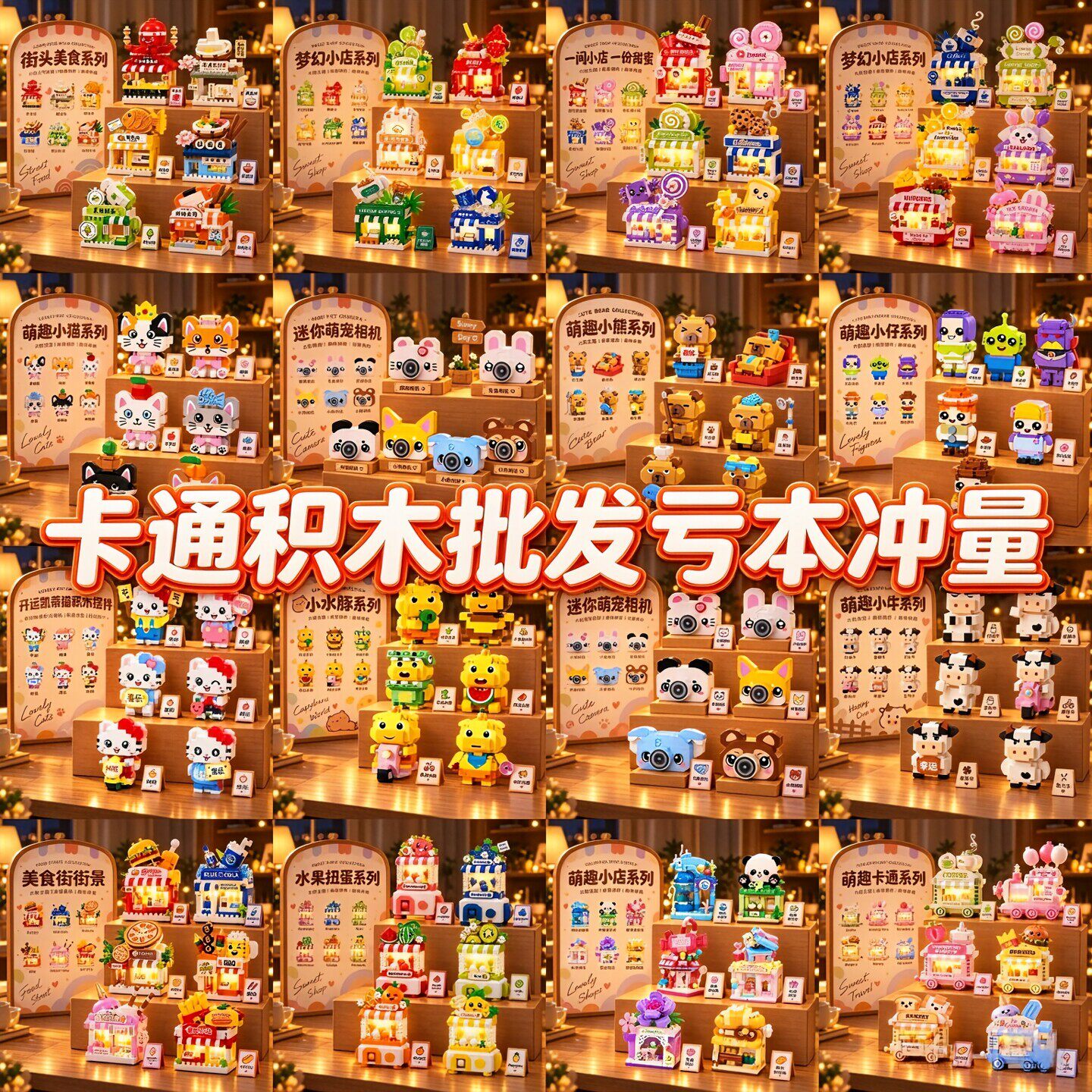卡通公仔夜市美食小车场景积木6岁儿童益智玩具节日礼物礼品批发