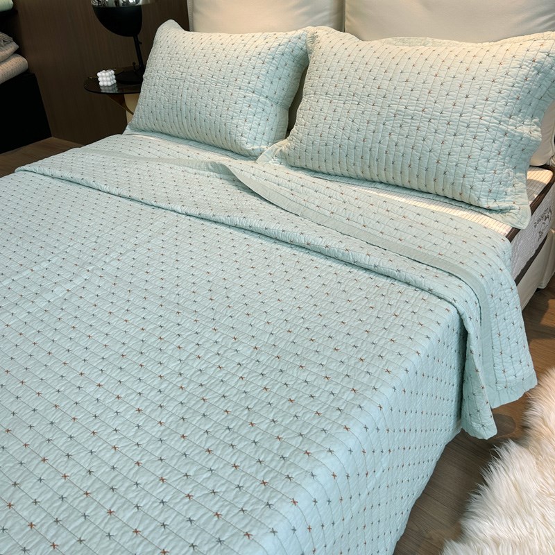 韩式X字绣纯棉床盖三件套t双面全棉纯色衍缝被柔软酵素洗夹棉床单